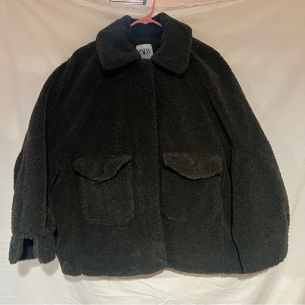 Zara Deep Olive Green Teddy Fur Jacket
